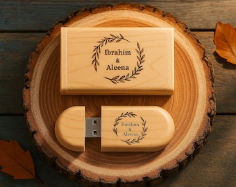 Clé USB en bois personnalisée avec logo personnalisé, nom et date Stockage de photos souvenir pour mariages, cadeaux Gravure personnalisée pour photographes