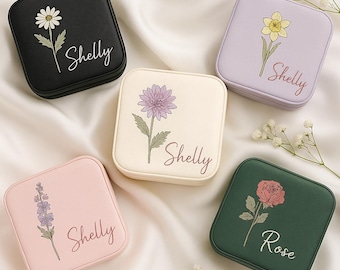 Étui à bijoux personnalisé avec fleur de naissance et bouquet - Souvenir de mariage - Organiseur de bijoux portable personnalisé - Cadeau pour maman