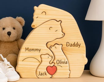 Personalized Wooden Bears Family Puzzle - Custom Engraved Keepsake - Australian Handmade Nursery Decor - Baby Shower and new Parents Gift