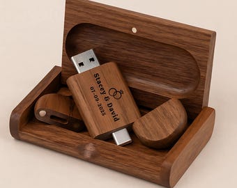 Dual Type-C & A Personalised USB Wooden Flash Drive with Engraved Box | Wedding Photographer storage Gift | Engagement Images Storage