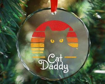 Cat Daddy Retro jaren '70 jaren '80 Zwarte Kat Mannen Grappige Kat Papa Geschenken Kerst Glazen Ornament