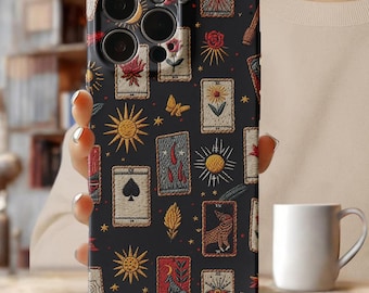 Funda para iPhone con efecto bordado de cartas del Tarot, astrología celestial mística, estilo bohemio brujería, funda protectora para iPhone 17, 16, 15, 14, 13 y 12 Pro Max