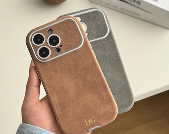 Personalized Suede iPhone Case for iPhone 17 16 15 14 13 Pro max Monogram Engraving Leather Phone case Gift for her Custom Phone Case