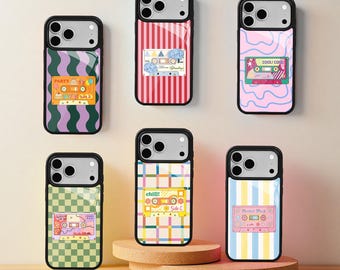 Funda de casete personalizada para iPhone 16, 15, 14 y 13 Pro Max, diseño retro Y2K, bonita y colorida combinación de colores.