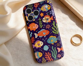 Ocean Fish iPhone Case, Cute Cartoon Sea Life Phone Case, Purple Aesthetic Slim TPU Cover, Tropical Fish Coral Pattern Case, Gift for Her