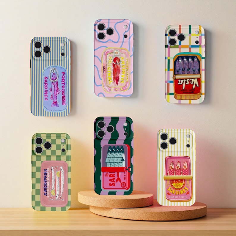 Retro Sardine Can iPhone Case For iPhone 17 16 15 14 13 12 Plus Pro Max – Retro Fish Tin Art Stripes Protective Cover| Unique Funny Case bild 1