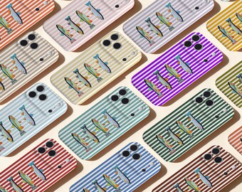 Funda artística para iPhone con diseño de sardina, funda personalizada con bloques de color, estética retro única a rayas, funda de diseñador independiente para iPhone 17, 16 y 15 Pro Max.