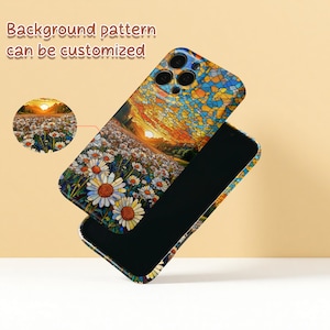 May include: A phone case with a colourful stained-glass design and a field of daisies. The case features a sunset scene and the text "Background pattern can be customized."