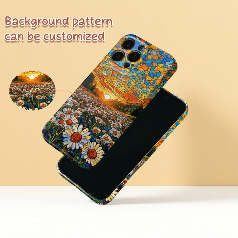 May include: A phone case with a colourful stained-glass design and a field of daisies. The case features a sunset scene and the text "Background pattern can be customized."