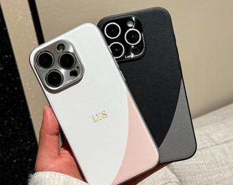 Funda de cuero personalizada de dos tonos para iPhone 16, 15, 14, 13 Pro Max, funda de cuero con monograma grabado, regalo para ella, funda de teléfono personalizada