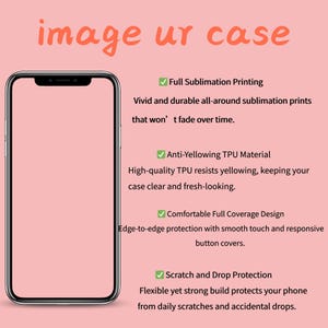 May include: A smartphone case with a black frame is shown against a pink backdrop. The image includes text stating "image ur case" and highlights features such as full sublimation printing, anti-yellowing TPU material, and scratch protection.