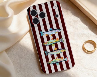 Funda vintage para iPhone con diseño de sardina, funda retro con estampado de peces a rayas, funda original con estética al aire libre para iPhone 17 16 15 14 13 Pro Max, regalo único.