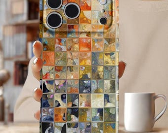 Colorful Mosaic Tile Phone Case, Abstract Artistic Tile Grid Design, Boho Collage iPhone Case, Mediterranean Stained Glass Aesthetic