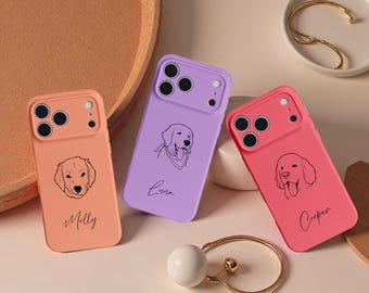 Funda minimalista para iPhone con mascota grabada, retrato de perro personalizado con arte lineal y nombre, funda personalizada para teléfono de mascota