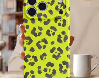 Fluorescent Yellow Leopard iPhone Case 17 16 15 Pro Max 13 12, Y2K Aesthetic Phone Case, Trendy Cute Protective Cover, Bold Retro Girl Gift