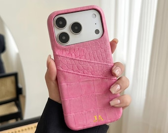 Personalized Crocodile Vegan Leather iPhone Case | Initials Card Holder iPhone 18 17 16 15 Pro Max