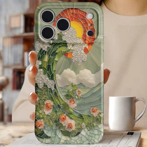 Stained Glass Sun Phone Case – Colorful Art Deco Green Wave iPhone 17 16 15 14 Cover, Vintage Trendy Artistic Gift, Tough Protective Casing zdjęcie 1