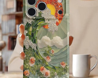 Stained Glass Sun Phone Case – Colorful Art Deco Green Wave iPhone 17 16 15 14 Cover, Vintage Trendy Artistic Gift, Tough Protective Casing