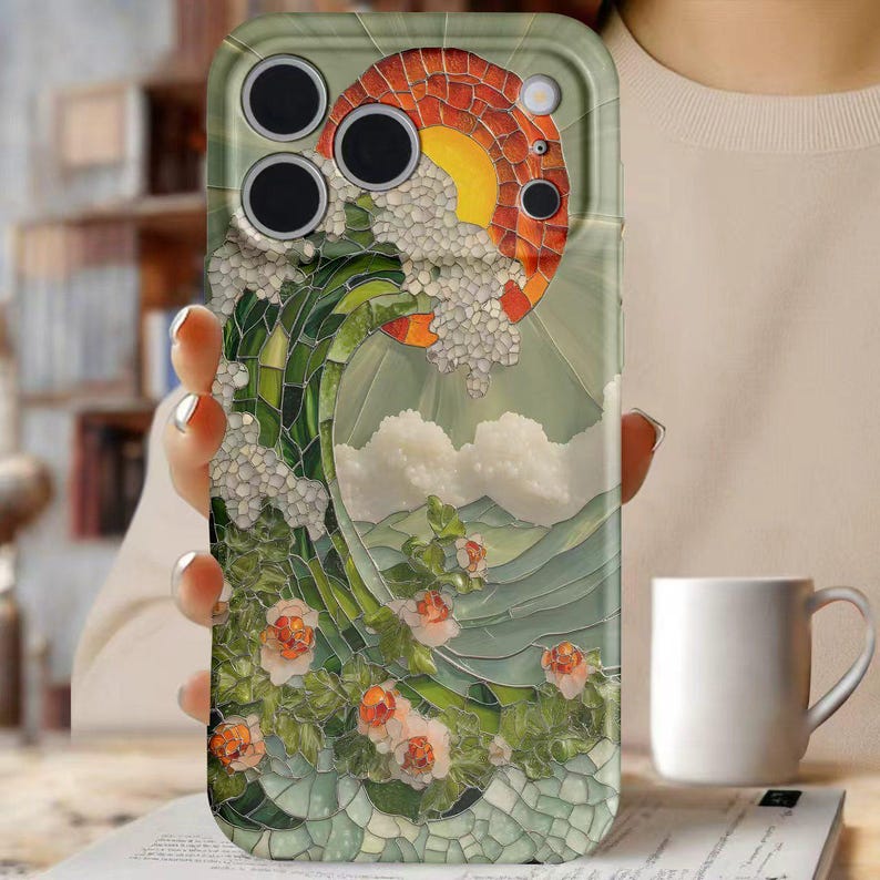 Stained Glass Sun Phone Case – Colorful Art Deco Green Wave iPhone 17 16 15 14 Cover, Vintage Trendy Artistic Gift, Tough Protective Casing zdjęcie 1