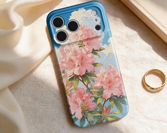 Funda para iPhone de 17 y 16 pulgadas con diseño de flores de acuarela estilo anime, funda para teléfono con azaleas rosas y cielo, funda estética japonesa, funda floral estilo anime, regalo para ella.