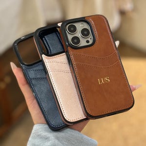 Funda de cuero personalizada para iPhone con tarjetero, funda de cuero con monograma grabado para iPhone 16, 15, 14 y 13 Pro Max, funda de teléfono personalizada de regalo