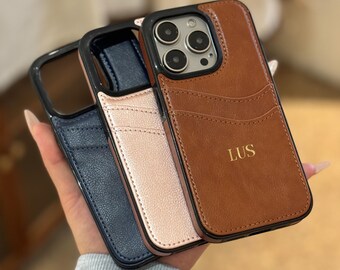 Gepersonaliseerde vegan leren iPhone-hoes met kaarthouder, monogram