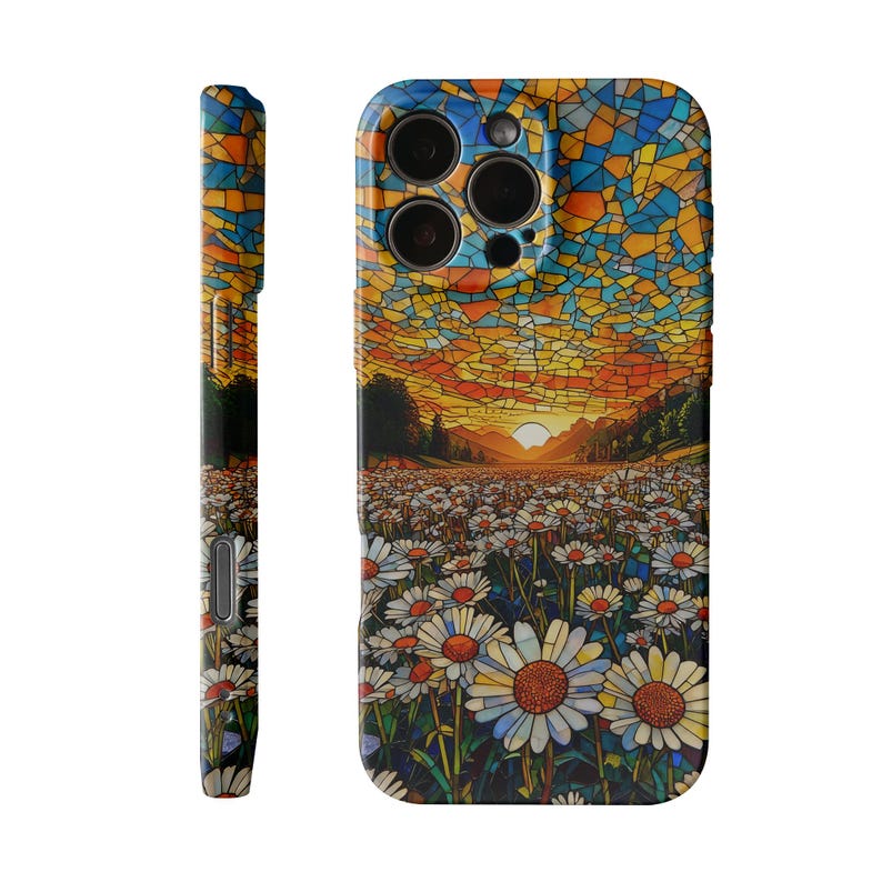 May include: A phone case with a stained-glass effect depicting a sunset over a daisy field. The case design wraps around the sides, showing the floral and sunset scene. The case is designed for a smartphone, with a focus on the artistic design.