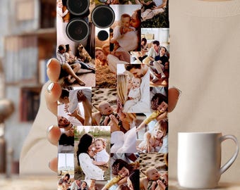 May include: A smartphone case featuring a collage of family photos. The case displays multiple images of people, including babies and adults, in various settings. The case is held by a person.