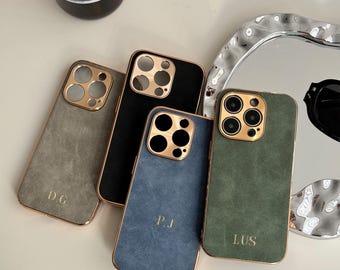 Personalized Suede iPhone Case for iPhone 16 15 14 13 Pro Max Initials Engraving Monogram Leather Phone case Gift for her Custom Phone Case