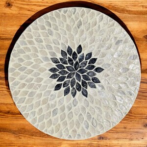Mother of Pearl Inlay Lazy Susan Turntable Organizer with Black and White Leaf Pattern, Spinning Tray for Kitchen or Dining Table