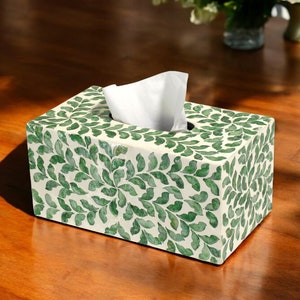 Elegante rechthoekige houten tissuedoos parelmoer – Handgemaakte decoratieve hoes voor thuis en op kantoor met groen bladpatroon