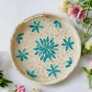 Elegant Round Coffee Serving Tray - Mother of Pearl Inlay and Lacquer Wooden, Handcrafted Mosaic Coffee Tray Green Leaf Design