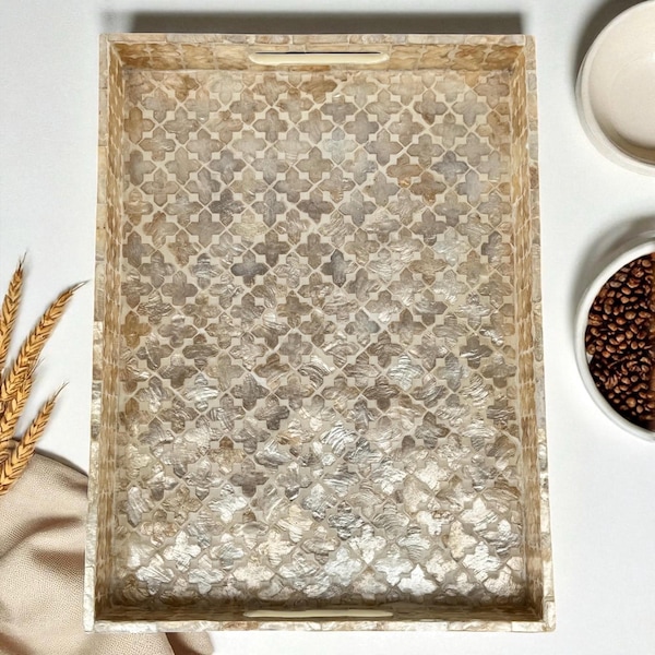 Rectangle Mother of Pearl Serving Tray with Gold & Beige Quaterfoil Pattern, Coffee Tray with Handle, Ideal Gifts for Her, Mothers Day Gift