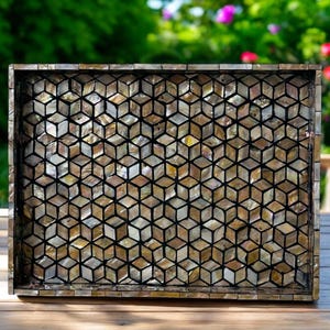 Mosaic Wooden Serving Tray Lacquer Wooden Shell Decorative Tray Inlay Nacre Ottoman Tray with Handle Coffee tray, Rectangle Bracelet Tray