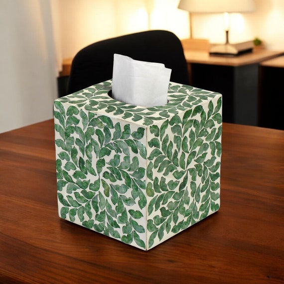 Square Tissue Box Holder With Mother-of-Pearl Inlaid Green Leaf Pattern: A Stunning Decorative Piece And Unique Gift For Her