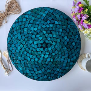 Mother of Pearl Inlay Lazy Susan Turntable Organizer Round Spinning Tray For Dining Table or Kitchen with Blue Fish Scales Pattern