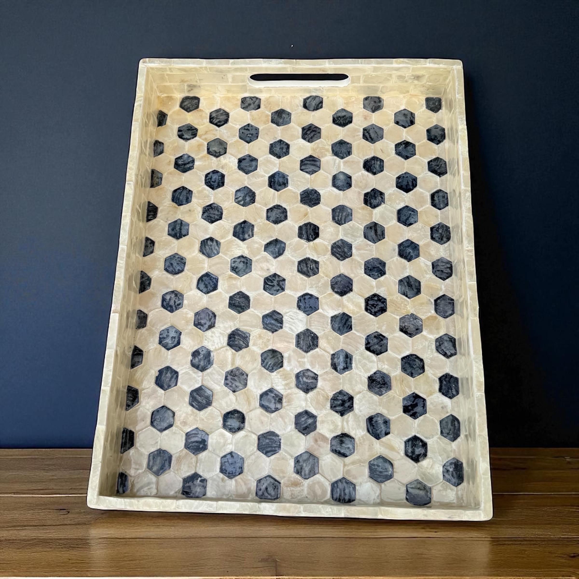 Capiz Shell Inlay Serving Tray With Black & White Honeycomb Pattern ...