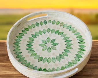 Rond dienblad met parelmoer schelp groene bloemenpatten, decoratief dienblad gelakt houten schaal, inlegwerk Ottomaanse ingelegd parelmoeren dienblad met handgrepen