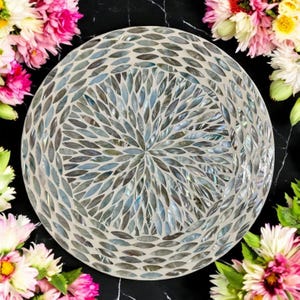 16" Mother of Pearl Inlay Lazy Susan Turntable Organizer Round Spinning Tray For Dining Table or Kitchen with Light Blue & Gray Leaf Pattern