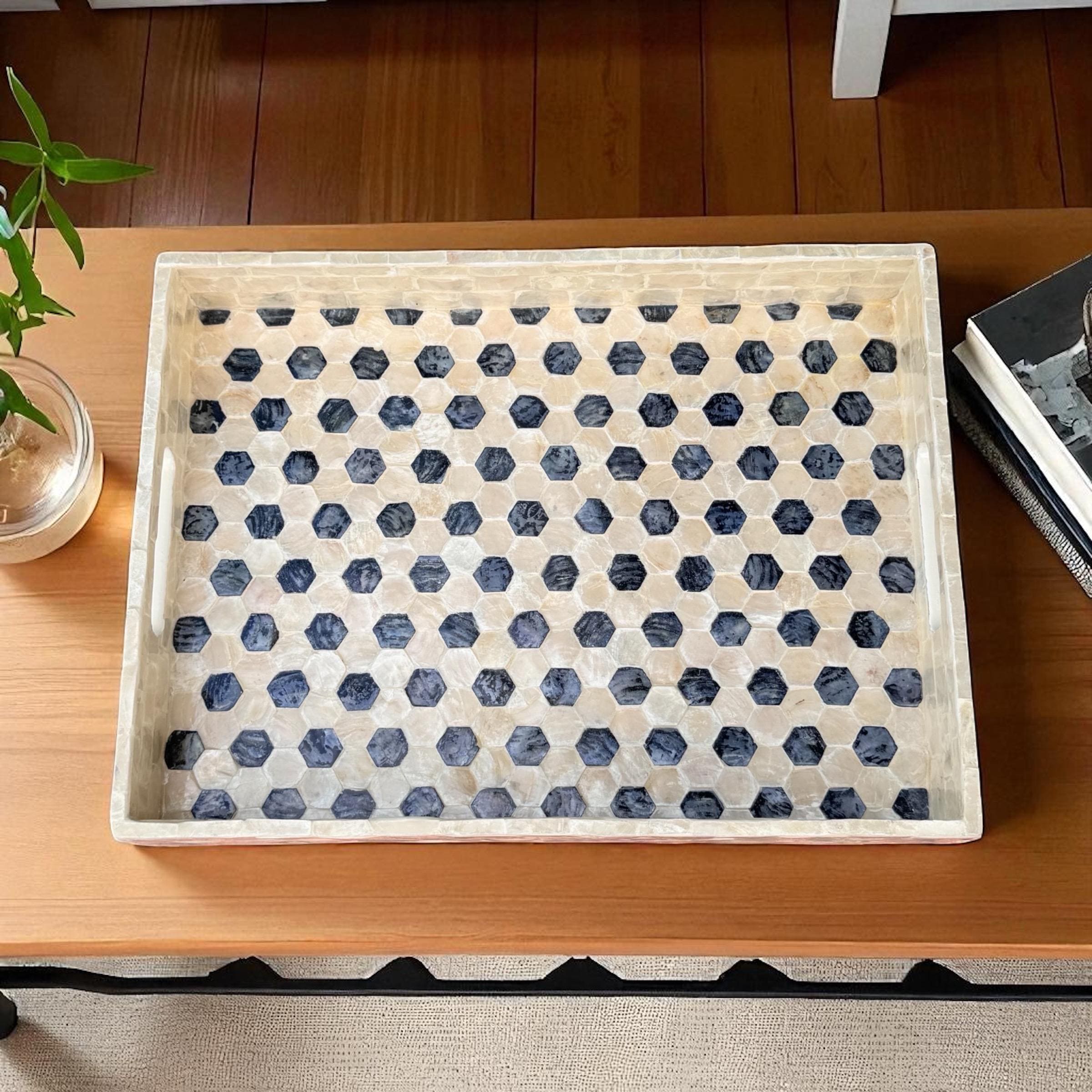Capiz Shell Inlay Serving Tray With Black & White Honeycomb Pattern ...