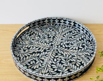 Mother of Pearl Shell Serving Tray Round Black Floral, Lacquer Wooden Shell Decorative Tray, Inlay Nacre Ottoman Tray, Coffee Table Tray