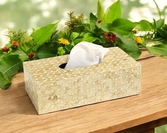 Handcrafted Rectangular Wooden Tissue Box – Mother of Pearl Inlay Design, Elegant Shell Decor for Modern Homes