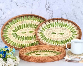 Bandeja oval de vime com madrepérola e padrão de mosaico de folhas e bolinhas, presente para o Dia das Mães, organizador de mesa, presentes para ela, presente de inauguração de casa