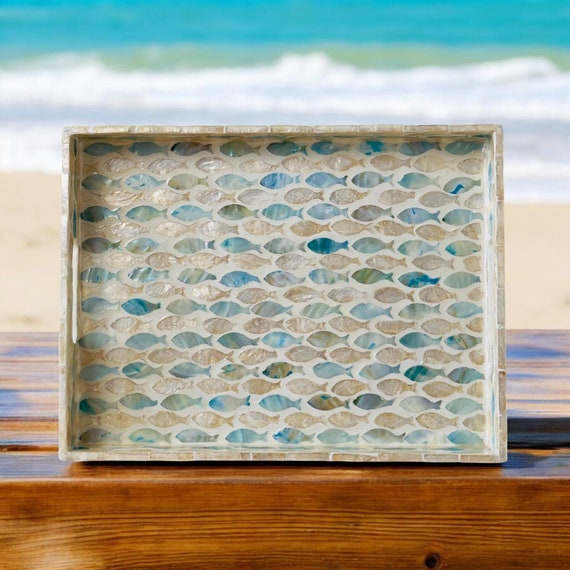 Rectangular Wooden Serving Tray Inlay Nacre Ottoman Tray with Handles, Tea tray, Cocktail Tray, Breakfast Tray,  Bracelet Tray, Fish Pattern