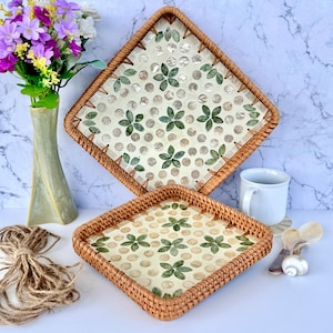 Square Rattan Mother of Pearl Serving Tray with Dot & Leaf Pattern – Decorative Mosaic Tray for Coffee Table or Kitchen, Housewarming Gift