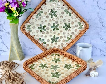 Bandeja quadrada de vime com madrepérola e padrão de bolinhas e folhas – Bandeja decorativa de mosaico para mesa de centro ou cozinha, presente de inauguração