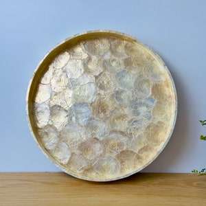 Round Gold Capiz Mother of Pearl Shell Serving Tray, Lacquer Wooden Shell Decorative Tray,  Inlay Nacre Ottoman Tray with Handles