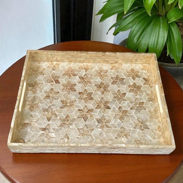 Mother of Pearl Serving Tray Lacquer Wooden Shell Decorative Tray Inlay Nacre Ottoman Tray with Handle Coffee tray, Rectangle Bracelet Tray