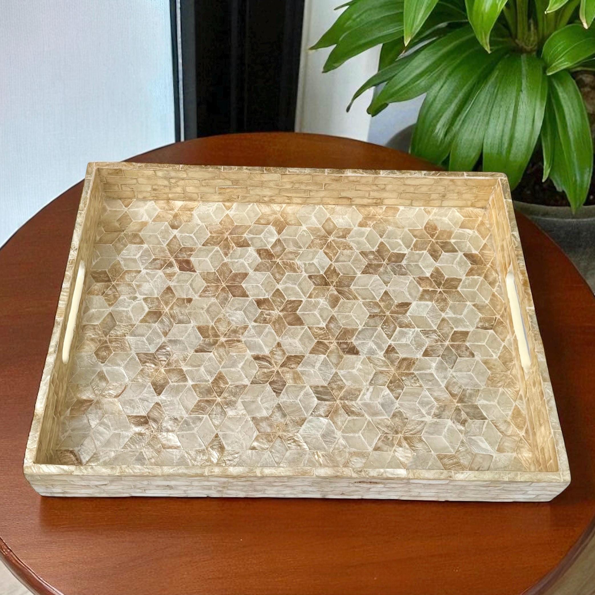 Mother of Pearl Serving Tray Lacquer Wooden Shell Decorative Tray Inlay Nacre Ottoman Tray with Handle Coffee tray, Rectangle Bracelet Tray