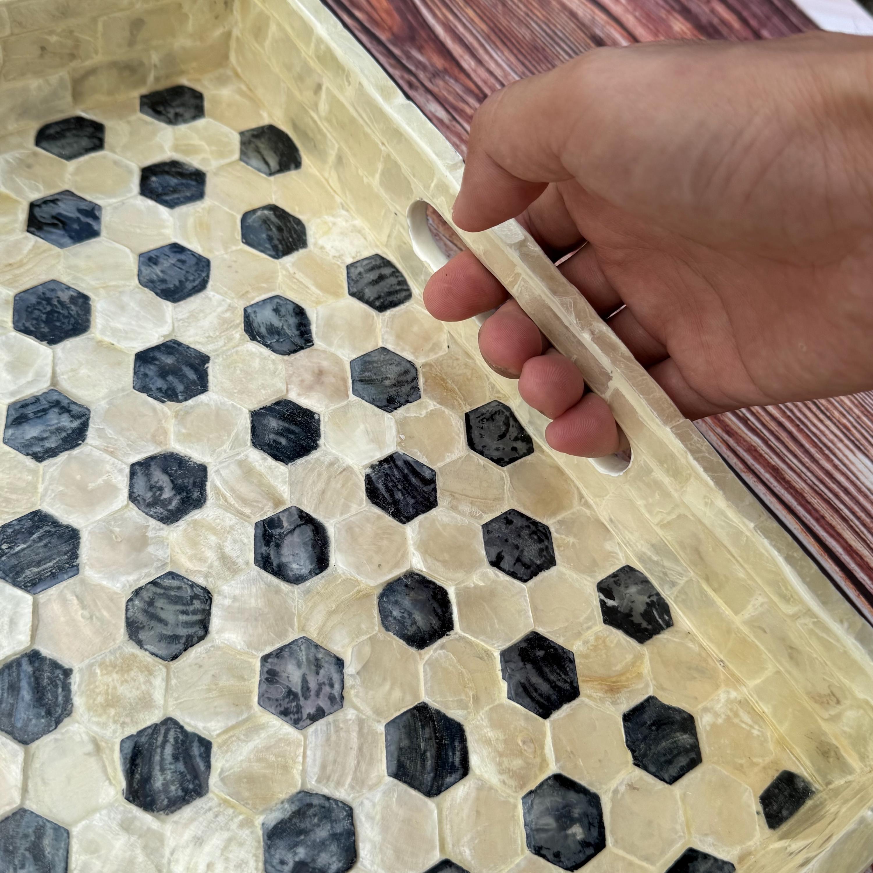 Capiz Shell Inlay Serving Tray With Black & White Honeycomb Pattern ...